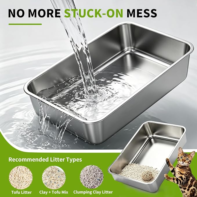 Stainless Steel Cat Litter Box, Extra Large XL Odor Free Metal Litter Box with High Sides Lid, Open Top Litter Pan Include Scoop Easy Cleaning Kitty Cat Box Anti-Urine Leakage, Non-Sticky