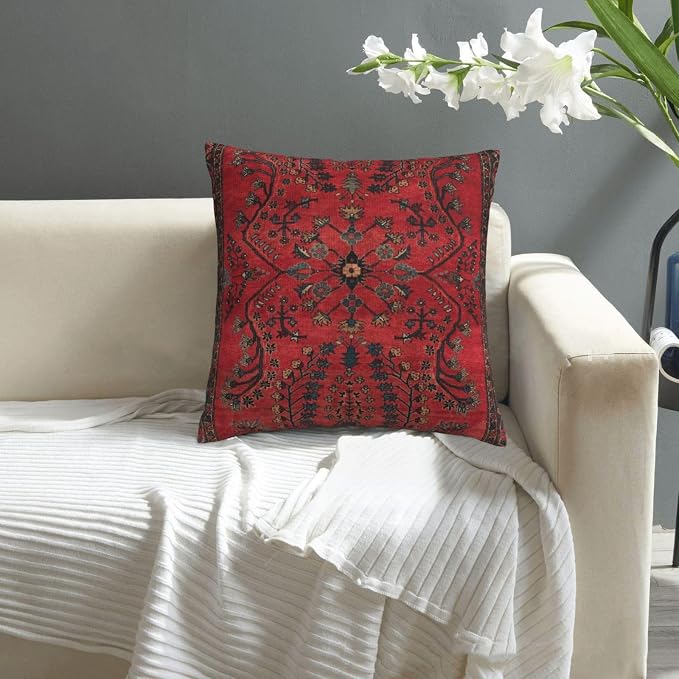 Red Persian Carpet Vintage Antique Nature Fine Pillow Covers Decorative 18x18 Inch Square Throw Pillowcase Couch Cushion Cover for Home Decor Living Room Bedroom College Dorm Bed Car Sofa