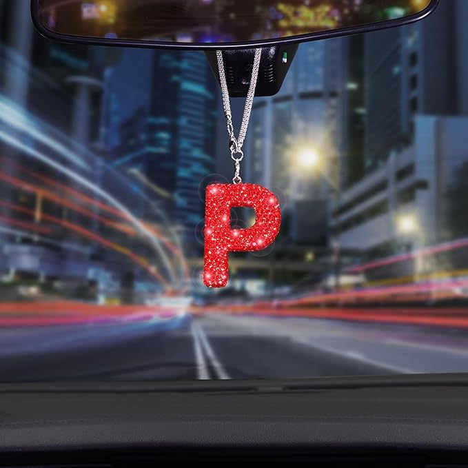 Bling Letter P Car Charm Pendant Letter Hanging Ornament for Rear View Mirror Decoration (Red, P)