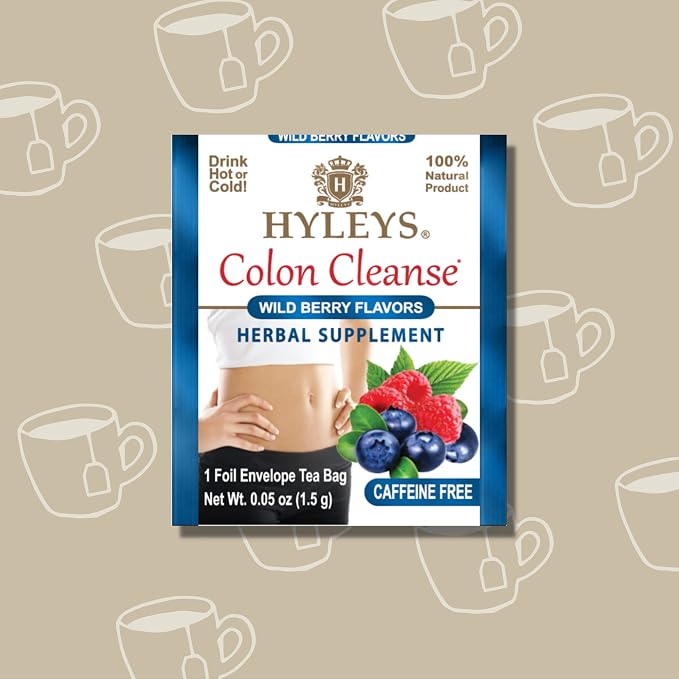 HYLEYS Colon Cleanse Tea, Wild Berry Flavor - 25 Individually Wrapped Herbal Tea Bags - Caffeine Free, Vegan