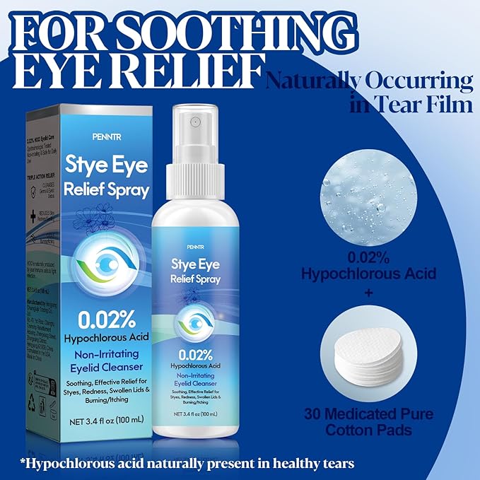 Stye Eye Treatment, Stye Relief Spray - 0.02% Hypochlorous Acid for Swelling, Redness, Eyelids Bump Removal with Natural Ingredients (3.4 Fl Oz (Pack of 1))
