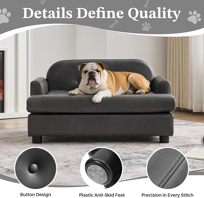 Luxury Dog Sofa Bed Elevated Pet Couch with Durable Waterproof Leather | Dog Couch with Orthopedic Sponge, Modern Furniture Style Dog Lounge & Pet Bedside Step, for Small/Medium Dogs/Cats, Gray