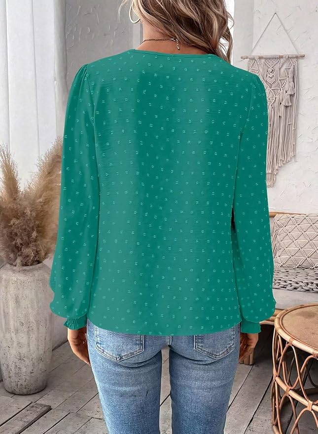 Womens Tops Swiss Dot Boho Long Sleeve Shirts V Neck Casual Chiffon Blouses Flowy Lace Hem Cute Clothing Trendy 2026