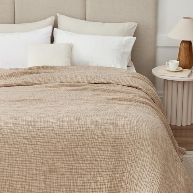 6 Layers Cotton Muslin Blankets Large, Lightweight Cotton Throw, Cooling Soft Throw Blanket for Year-Round Comfort, Breathable Quilt Bedspread, Gauze Weave Bedding for Adults, Oatmeal, Beige Linen