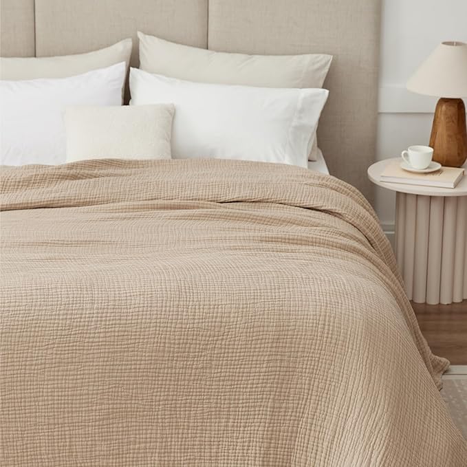 100% Cotton King Size Blankets for Bed 108" x 90", 6 Layers Cooling and Soft Muslin Throw Blanket, Lightweight Quilt Bedspread Coverlet, Gauze Blanket for Adults All Season, Linen Beige