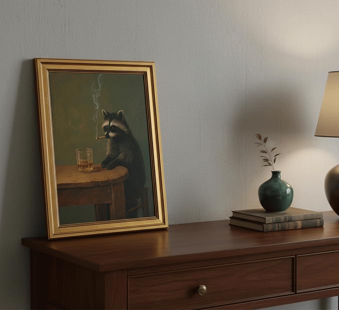 Gold Framed Raccoon Canvas Wall Art,Funny Animal Picture Wall Decor16x12in | Rustic Man Cave Art, Moody Animal Art Print For Office, Home Bar, Cabin, Game Room, Living Room