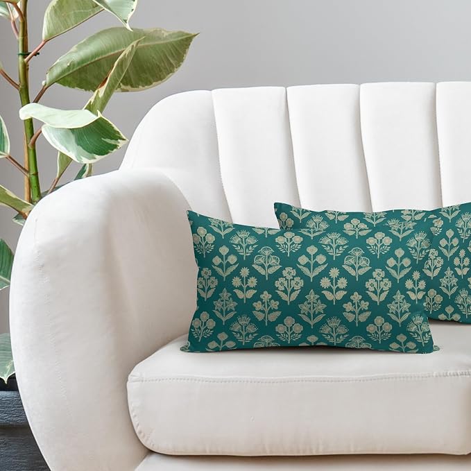 Teal Pillow Covers 12x20 Inch Set of 2, Cream Floral Block Print Pattern Lumbar Decorative Throw Pillowcases Outdoor Farmhouse Rectangle Cushion Covers Spring Summer Sofa Couch Bed Decor
