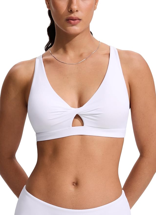 CRZ YOGA Twist Front Cut Out Bikini Tops for Women - Padded V Neck Spaghetti Strap Criss Cross Swim Bathing Suit Bra