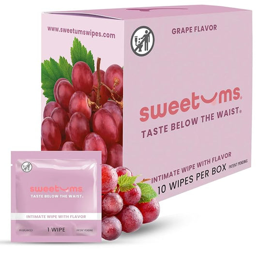 Sweetums Feminine Wipes For Women, Individually Wrapped - pH Balanced Flavored Intimate Wipes - Grape, Pack of 10
