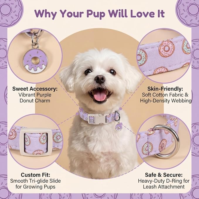 Girl Dog Collar with Unique Purple and Donut Print, Cute Dog Collar for Spring & Summer, Adjustable Pet Collar for Medium Dogs