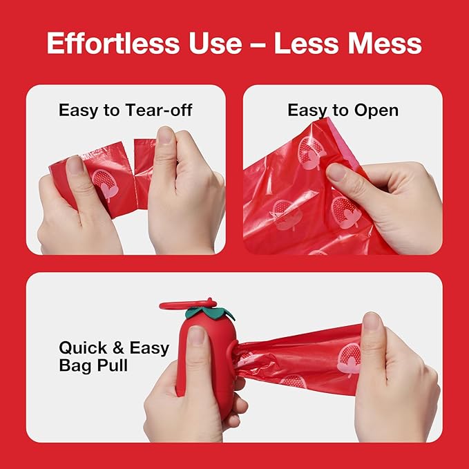 VETRESKA Dog Poop Bag Dispenser with Strawberry Scented Bags, 105 Counts | Leak Proof and Extra Thick Pet Waste Bags, 1 Poop Bag Holder and 7 Rolls for Dog Walking and Cats Litter