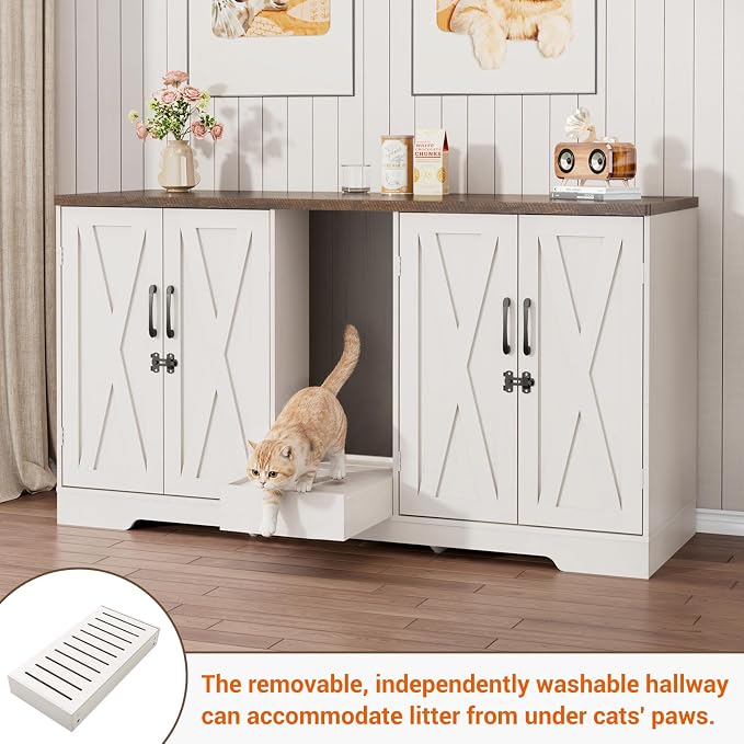 59.1" Cat Litter Box Enclosure for 2 Cats, Hidden Litter Box Furniture with Power Outlet & Removable Hallway, Lockable Door & Anti-Tip Design, Farmhouse Litter Box Cabinet with Magnetic Door, White