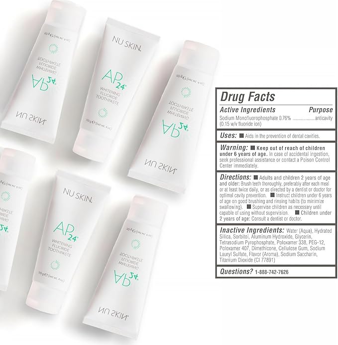 Nu Skin AP 24 Whitening Fluoride Toothpaste | AP 24 Blend | Vanilla Mint Flavor | Brightens Teeth | Removes Surface Stains | Prevents Dental Cavities & Plaque | Enamel-Safe | 4 oz | 1 Pack