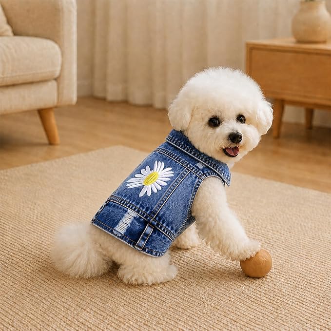 Dog Denim Jacket, Daisy Embroidery for Small Dogs, XXL, Chest 19-20.5 in | Ripped vintage jean vest for puppies, Chihuahuas and Pugs, cotton-blend outfits for spring summer fall festival and daily