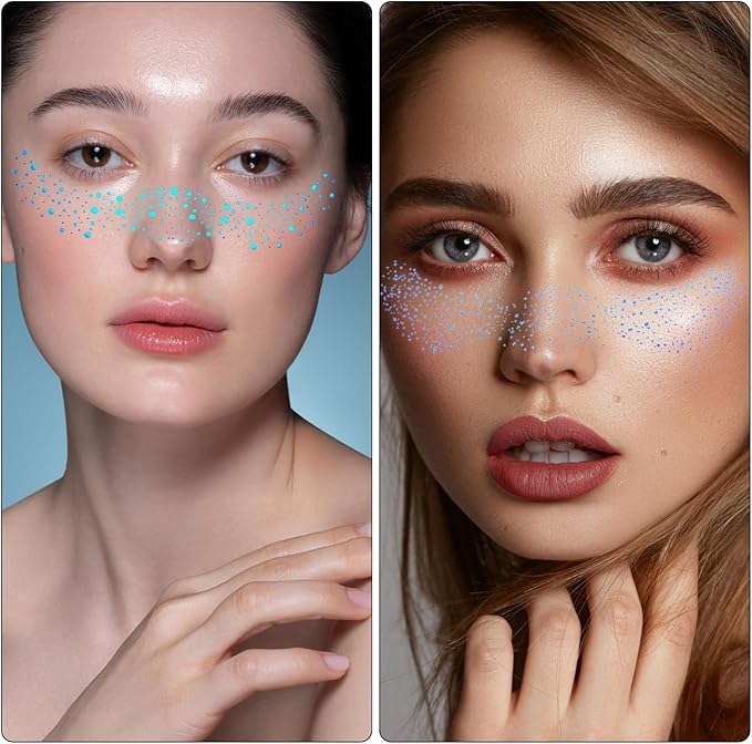 12 pcs Glitter Freckles Holographic Face Body Glitter Tattoo Sparkle Gold Glow Cosmetic Cute Star Temporary Face Tattoo Waterproof Sweatproof Sparkle Speckles Patches for Women Festival Rave Party