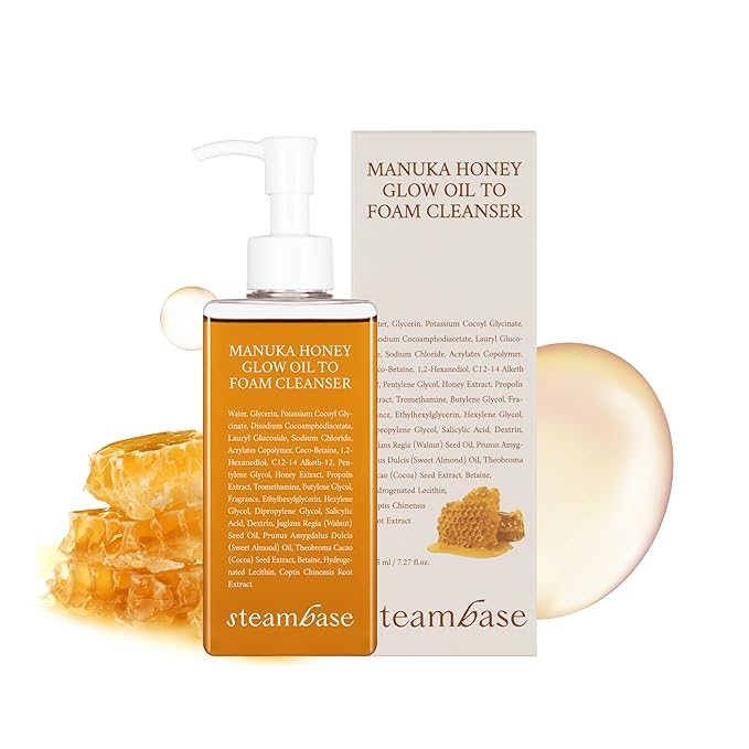 STEAMBASE Manuka Honey Glow Oil to Foam | Daily Makeup Remover and Cleanser, Hydrating Foaming Face Wash for Dry Skin, Double Cleanse | Korean Facial Oil Cleanser, 7.27 fl oz
