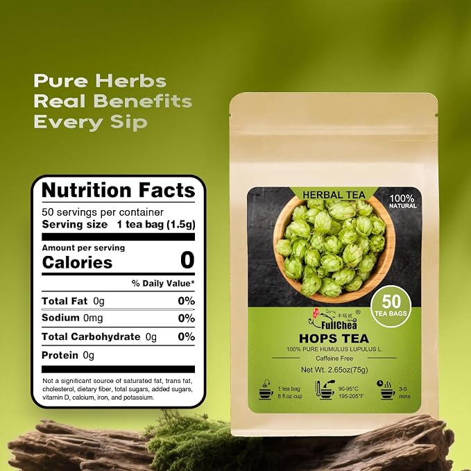 FullChea - Hops Herb Tea Bags - 50 Count - Natural Cut Humulus Lupulus L. | Sifted dried hop flowers, Non-GMO and caffeine-free, earthy bitter notes, delivers gentle calm for nightly relaxation.