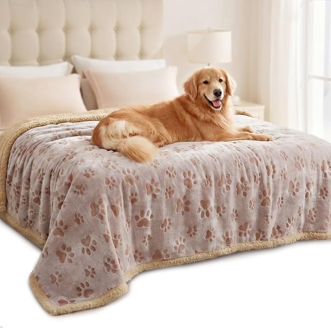 Luciphia Waterproof Pet Blankets Whith Paw Print for Couch Sofa Bed Cover, Liquid Pee Proof Soft Fluffy Dog Blanket Washable, Reversible Furniture Protection Puppy Cat, Khaki, X-Large（85" x 57"） | Soft Print Pet Blanket Washable Pee Proof, Furniture Pr...