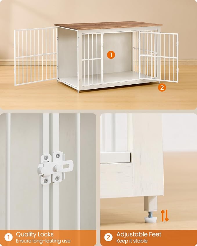 Feandrea Wooden Dog Crate Furniture, 48 Inches Heavy-Duty Kennel for Dogs up to 110 lb, with Double Doors and Enclosed Wood Base, Modern Pet Cage End Table Indoor, Rustic White and Honey Brown