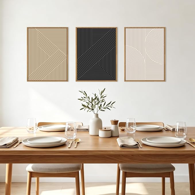 BINCUE Framed Neutral Wall Art Black Geometric Artwork Abstract Wall Decor for Living Room Bathroom Bedroom Office 12x16 Inch Set of 3