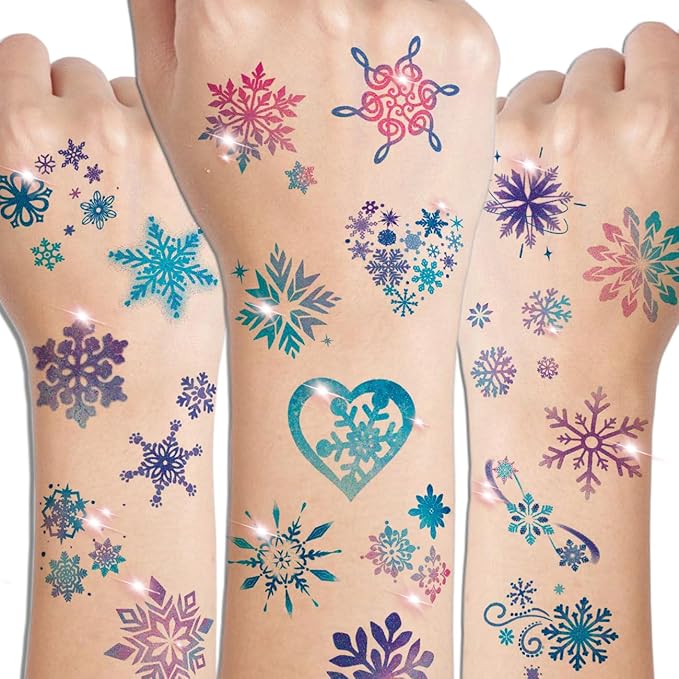 Glitter Snowflake Temporary Tattoos for Kids - 74 Individually Sheets Snowflake Tattoos for Kids Winter Christmas Party Supplies