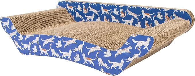 Kitty City Corrugate Sofa Lounger Cat Scratcher - Couch Bed Scratch Pad, Horizontal Nail File Scratch Mat for Indoor Cats, Sturdy Construction Cat Toy - Orange Kitty Pattern, 17” x 9.5”