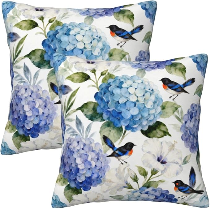 Blue and White Floral Pillow Covers 18x18 Set of 2, Spring Hydrangea Hibiscus Flower Throw Pillow Covers Outdoor Decorative Pillow Case for Couch Bed Sofa Cushion Home Decor
