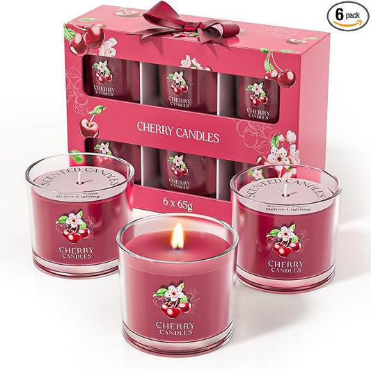 CHILLFLAME Cherry Candle, Scented Candles Gifts for Women, Candles Gift Set for Her, 6 Scented Votive Candles, Birthday Gifts for Women/Men (Red, 14 oz)