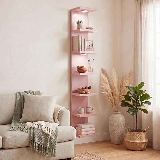 Fixwal 7 Tier Wall Shelf with LED Lights Lack Shelf for Room Deocr (Pink) | 76.8in Tall, Holds 44Lbs Total, Flexible Section Installation, Fits Any Room Decor