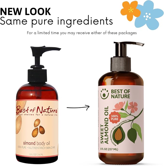 Best of Nature 100% Pure Sweet Almond Massage & Body Oil, Deep Moisturizing Unscented Oil for Hair, Skin, Face, & Aromatherapy, Ideal Carrier Oil for Essential Oils (8 fl oz)