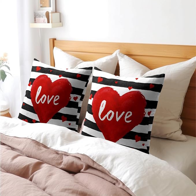 Kawani Valentine's Day Throw Pillow Covers 18x18 Inches 2Pcs Love Hearts Black Stripes Pillowcase Decorative Cotton Linen Square Cushion Cover for Wedding Anniversary Couch Bed Decor