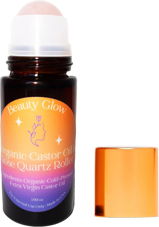 Organic Cold Pressed Castor Oil with Rose Quartz Roll On for Face & Body Made in USA Hexane Free Pure for Skin, Brows & Lashes, Massage, Castor Oil Packs 1.69 Oz