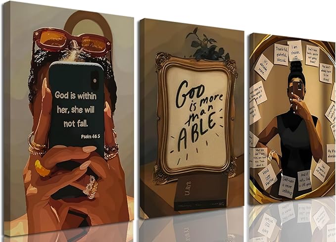 Framed Black Girl Wall Art Set of 3, Fashion Inspirational Black Woman Wall Decor Paintings, African American Positive Affirmations Pictures Canvas Prints for Living Room Bedroom Office 12x16 inch