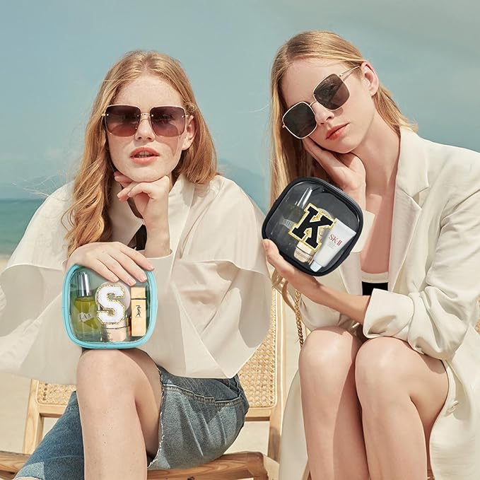 YOOLIFE Initial Make Up Bag Travel Toiletry Bag, Clear Makeup Bag Preppy Cosmetic Bags Organizer Travel Essentials Gifts for Women Teen Girlfriend Teacher Mom Birthday Mothers Day Gifts Blue F