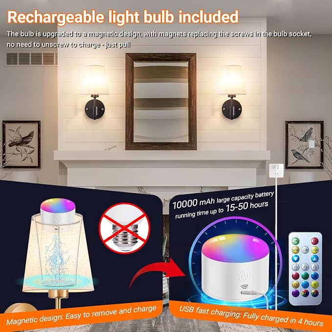 YHCDLAMP Peel and Stick Wall Sconces, No Drilling Stick On Wall Sconce, Wireless Battery Operated Wall Lights, Adhesive Wall Lamp with 10000mAh Battery Bulb for Bedroom Living Room Decor