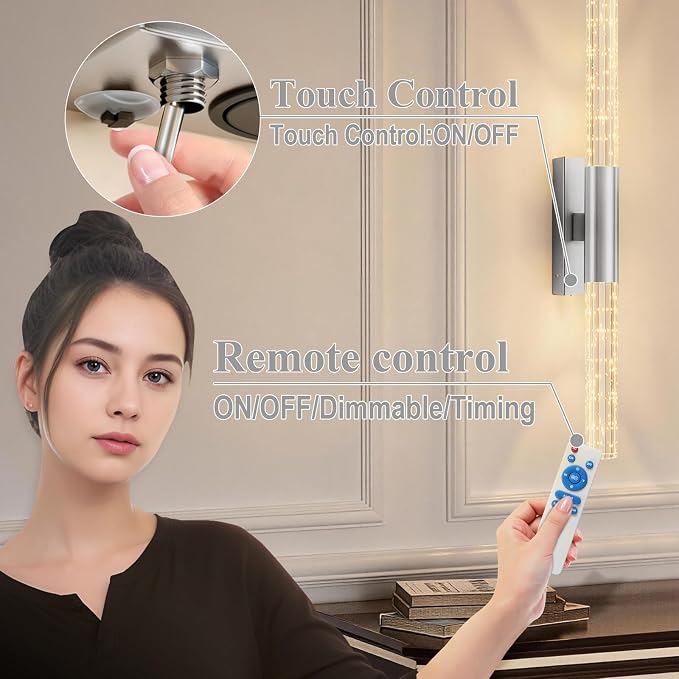 camuucci Battery Operated Wall Sconces Set of 2, Rechargeable Wall Lights | 12000mAh Long-Lasting Battery,Dimmable Cordless Sconce,No Wiring Needed for Bedroom,Living Room,Silver,25.6-Inch