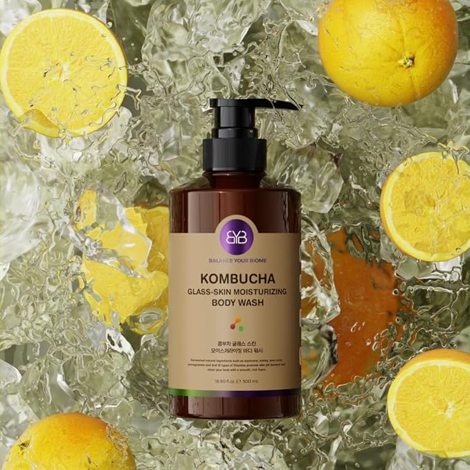Kombucha Glass-Skin Moisturizing Body Wash, K-Beauty,Fermented soybean, barley, Pear Juice, Pomegranates,12 Vitamins, Nurishing, Cleansing, 16.9 fl.oz,No Silicone.Rich micro-foam gently cleanses