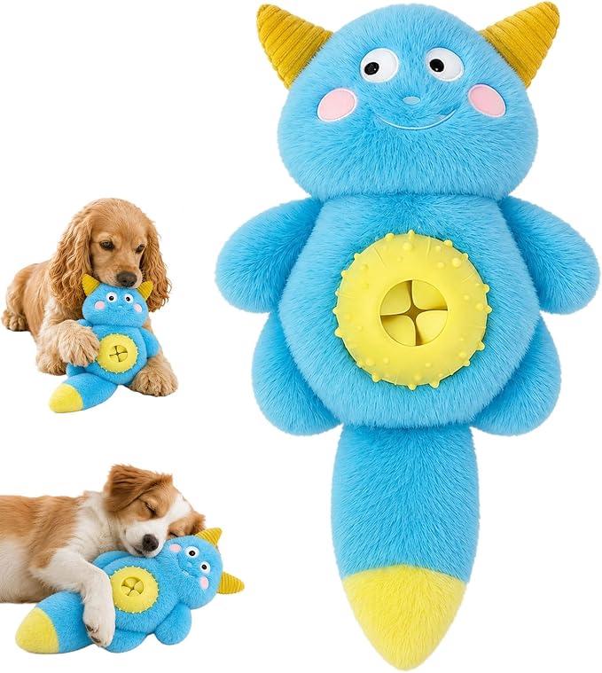 Cute Monster Plush Dog Chew Toy – Squeaky Ball, Crinkle Paper & Treat Dispenser, Washable Interactive Stuffed Toy for All Breeds, Relieves Boredom & Anxiety(Blue