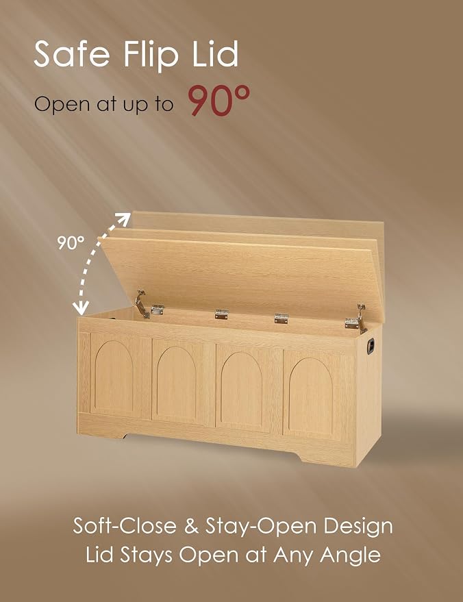 Storage Chest, Wooden Toy Box with Lid, Natural 47.2" L | Entryway Shoe Bench, 2 Soft-close Hinges, Finger-safe Flip-Top Lid, Easy Assembly, Farmhouse Large Trunk, Living Room/Bedroom
