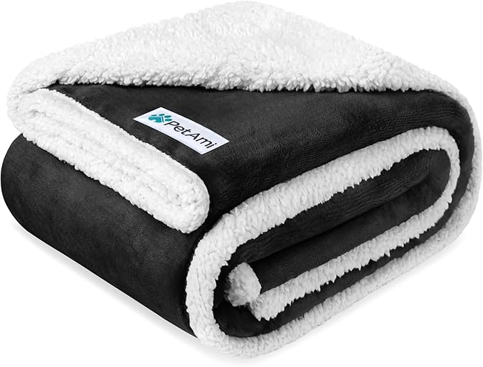 PetAmi Waterproof Dog Blanket for Medium Large Dog Pet, 60x40, Black | 460 GSM Sherpa Fleece Reversible, Pee Proof Cat Blanket, Furniture Protector Cover for Couch Bed Sofa Kennel, Washable, Large