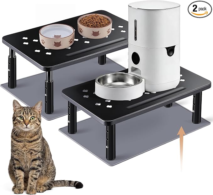 Dreyoo 2 Set Adjustable Cat Food Stand, Black,Gray Mat | Fits Most Auto Feeders, Cat Food Stand, 3 Level Stand, Non Slip Silicone Mats, Elevated Feeding Table, Cats Small Dogs