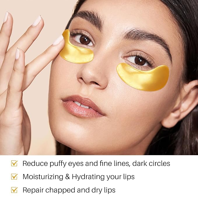 40 Pairs 24K Gold Eye Masks & Lip Masks, Crystal Collagen Under Eye Patches for Puffy Eye, Moisturizing Skin Care Lip Eyes Patches for Dark Circles, Wrinkles and Fine Lines (gold and peach red)
