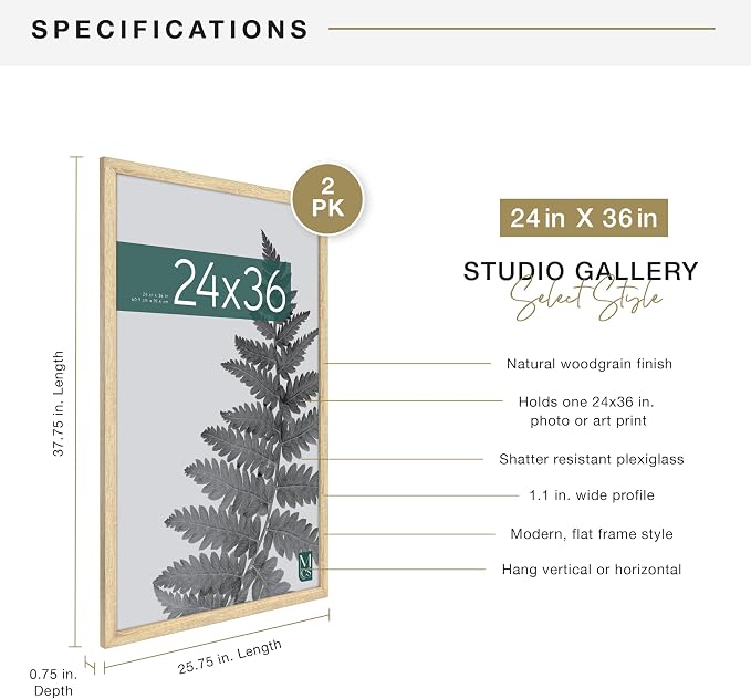MCS Studio Gallery 24x36 Poster Frame Natural Woodgrain Engineered Wood, Vertical & Horizontal Wall Hanging Large Picture Frame for Photos, Posters & Art Prints (2-Pack)