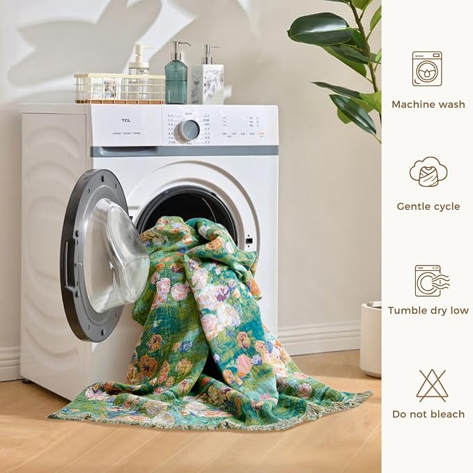 LUTBM Boho Throw Blanket for Bed 60"x80", All Season Cotton Couch Blankets | Reversible Green Garden Embroidery, Soft Twin Quilt, For Chair Sofa Living Room Bedroom, Lightweight Gauze, Home Decor Gift