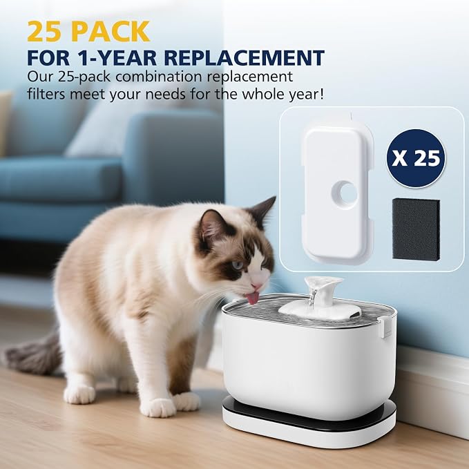 Replacement Filters for PETLIBRO Dockstream Cat Water Fountain PLWF106 | Fits PLWF116/PLWF115/PLWF105/PLWF005, 12 Months Set of Replacement Filters for Pet Water Fountain, 25 Filters + 25 Sponges
