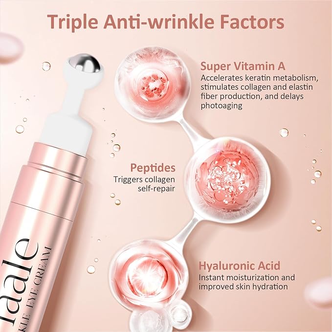 Eye Cream Anti Aging Under Eyes Cream Dark Circles with Super Vitamin A, Peptides & Hyaluronic Acid, Eye Serum With 360° Roller Massage Ball for Puffiness and Bags 0.5 oz