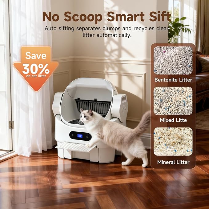 XL Automatic Self Cleaning Open Top Cat Litter Box, White | Multi-Sensor Safety, Ultra-Quiet, Easy Setup, Large Waste Bin, Easy to Clean, for Multi-Cat Homes