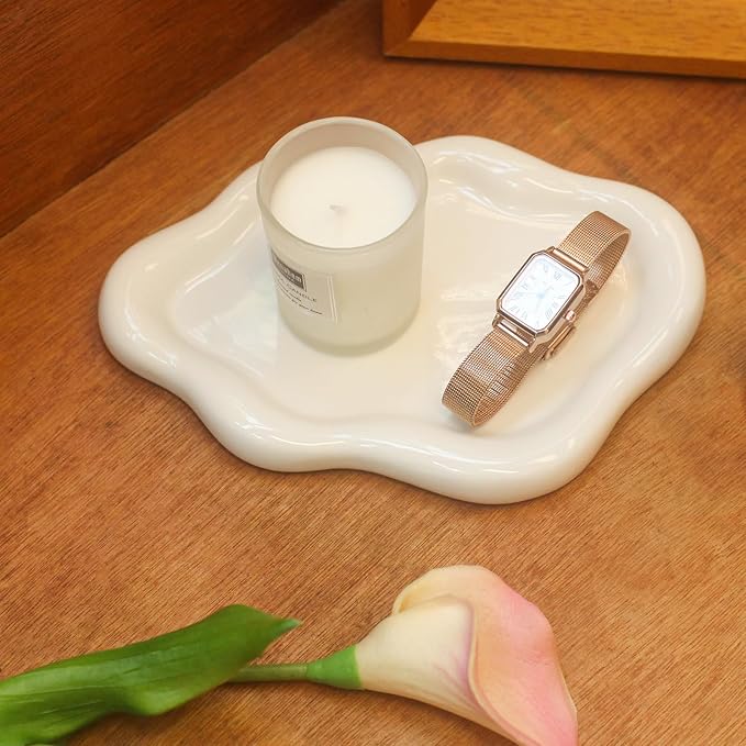 CCINPPY Ceramic Cloud Jewelry Tray Trinket Dish Key Bowl Nightstand Decor | Decorative Small Desk Tray Jewelry Plate Key Holder Bowl Cute Bedroom Room Decor Aesthetic, Gift for Women, White Large