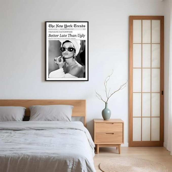 Framed Better Late Than Ugly Wall Decor Newspaper Audrey Hepburn Wall Art | Vintage Black and White Fashion Poster Chic New York Trends Glam Quote Canvas Print for Bedroom Bathroom Dorm 12x16inch