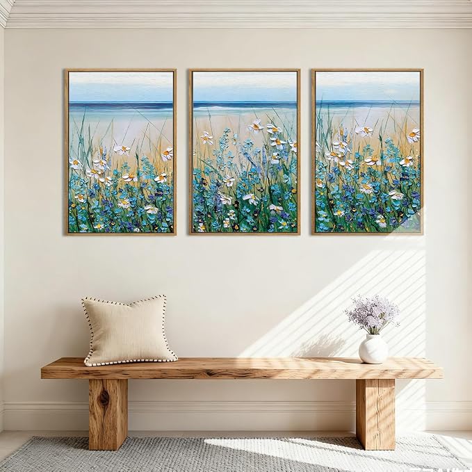Blue Seaside Cyan Floral Wall Decor Wildflower Canvas Painting Framed Floral Prints Decor for Living Room Bedroom 16x24 Inch Set of 3